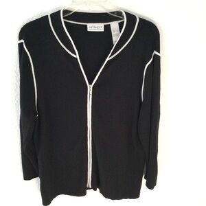 Villager Liz Claiborne Black With White Trim Zip Cardigan Sweater Size XL